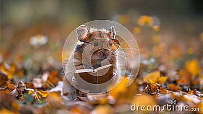 Cute Hamster Reading a Book in Autumn Leaves Stock Photo