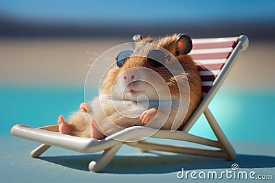 Cute hamster relaxing on a sun lounger near a pool. Generative ai Stock Photo