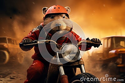 Cute hamster riding a motorcycle. Motorcyclist rides a motorcycle. Stock Photo