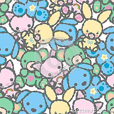 Cute Hand Draw Candy Colors Teddy Animals Cartoon Background Pattern Seamless Stock Photo