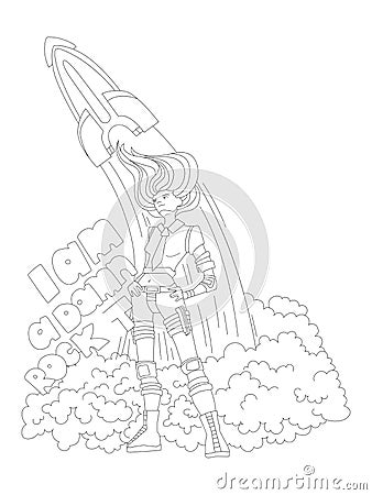 Cute hand draw coloring page with brave astronaut, cosmonaut or engeneer girl with launching rocket. Feminist zen art Vector Illustration