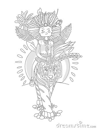 Cute hand draw coloring page with brave wild child - girl sitting on tiger with tribal ornament and sunset. Cute girl Vector Illustration