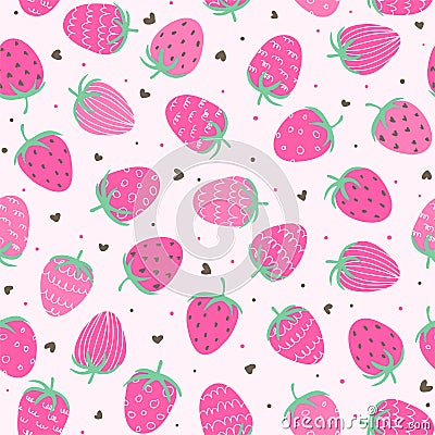 Cute hand drawing pink strawberry seamless pattern background Vector Illustration