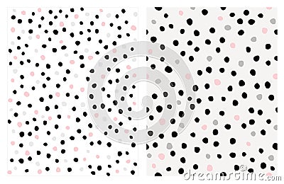 Cute Hand Drawn Abstract Brush Irregular Dots Vector Pattern Set. Pink, Black, Grey and White Bright Design. Vector Illustration