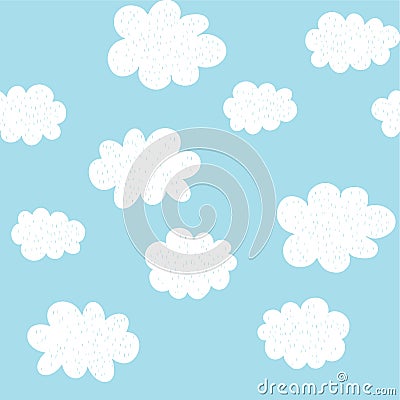 Cute Hand Drawn Abstract Clouds Vector Pattern. White Fluffy Clouds. Blue Background. Simple Baby Shower Design. Vector Illustration