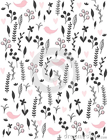 Cute Hand Drawn Abstract Meadow with Birds Vector Pattern. Black Twigs, Flowers and Leaves and Pink Hearts and Birds Among Them. Vector Illustration