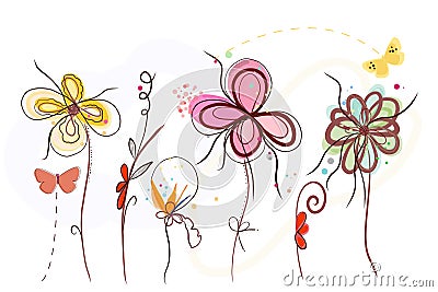 Cute hand drawn abstract vibrant colored Spring time flowers. Spring time blossom Vector Illustration