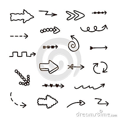 Cute hand drawn arrows set in doodle scribble style. Comic collection of freehand arrows, curved lines, swirls. Business Vector Illustration