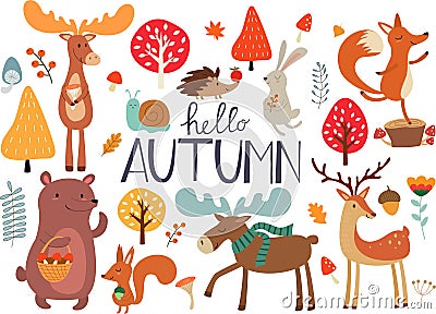 Cute hand drawn autumn forest animals and fall floral elements. Ideas for postcards and posters. Vector illustrations. Cartoon Illustration