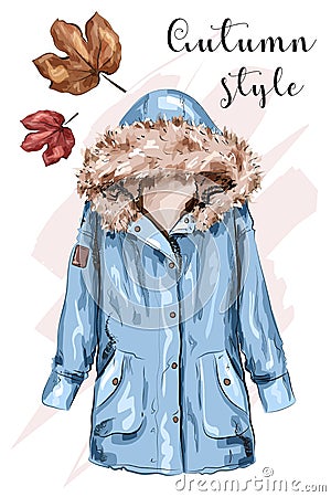 Cute hand drawn autumn jacket. Stylish winter jacket. Sketch. Vector Illustration