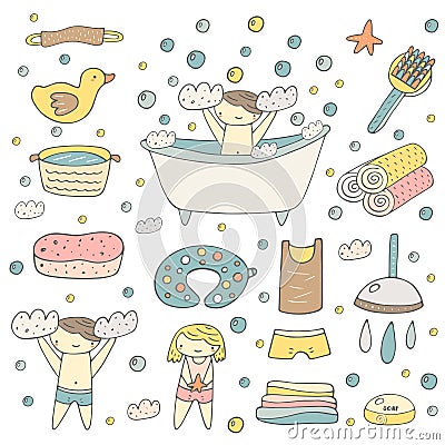 Cute hand drawn baby bathing objects collection Vector Illustration