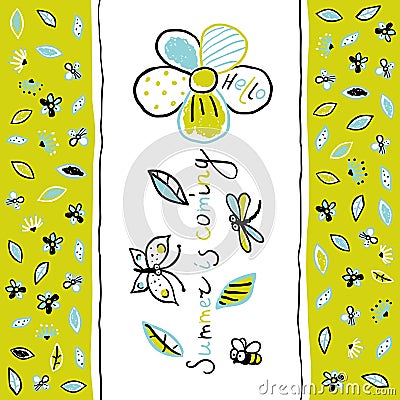 Cute hand-drawn background with flower, insects Vector Illustration