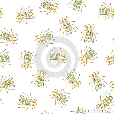 Cute hand drawn bees, color line art on white background. Vector seamless pattern. Vector Illustration