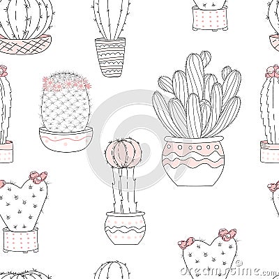 Cute hand drawn cactus with letters on wiht background. Vector seamless pattern Stock Photo