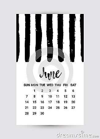 Vector Freehand Calendar 2020. June month. Creative Black and White design template with messy ink grunge texture. Week Vector Illustration