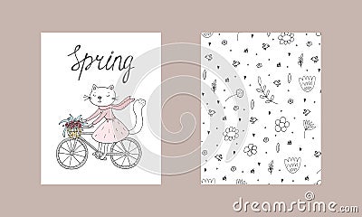 Cute hand drawn card with Cat and Bicycle, Flowers. Printable templates. Vector Illustration