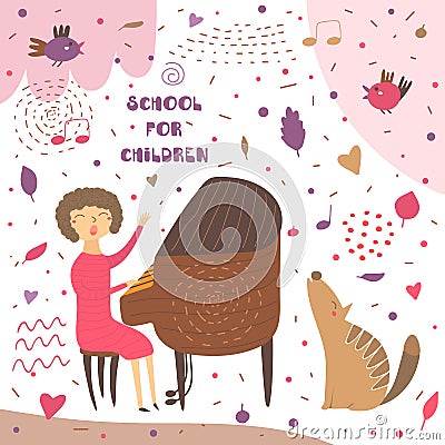 Cute hand drawn card, postcard with music teacher Vector Illustration