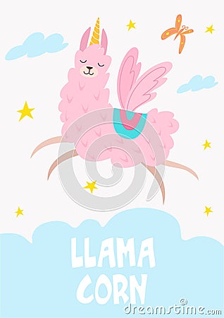 Cute hand drawn card or a poster with a cartoon llama. Vector illustration with text. Cartoon Illustration