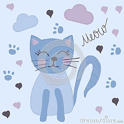 Cute Hand Drawn Cartoon Blue Cat. Vector Illustration