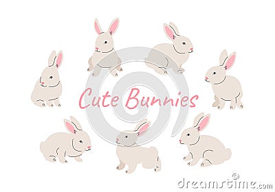 Cute hand drawn cartoon bunnies in various poses Vector Illustration