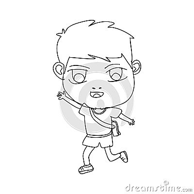 Cute hand drawn cartoon happy kid using bag, going to go to school isolated on white background. Vector Illustration
