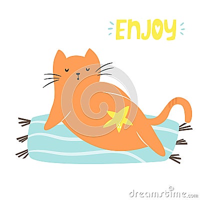 Cute hand drawn cat on a beach. Character design Vector Illustration