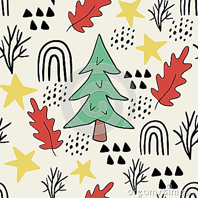 Cute cartoon messy Christmas tree, leaves, stars, dots seamless pattern. Vector Illustration