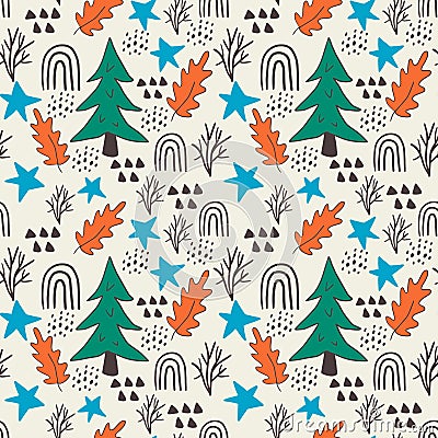 Cute cartoon messy Christmas tree, leaves, stars, dots seamless pattern. Vector Illustration