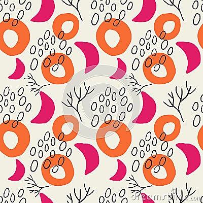 Cute cartoon messy flowers, dots, shapes seamless pattern. Vector Illustration