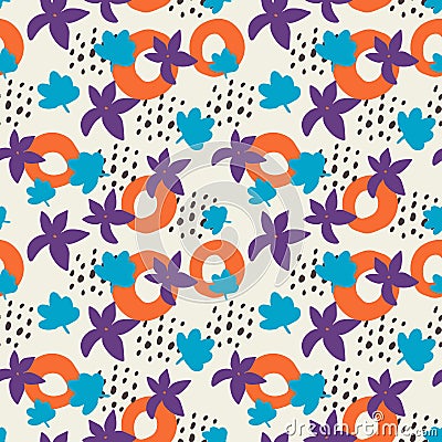 Cute cartoon messy flowers, dots, shapes seamless pattern. Vector Illustration