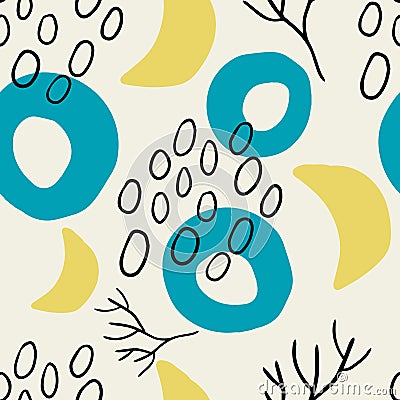 Cute cartoon messy flowers, dots, shapes seamless pattern. Vector Illustration