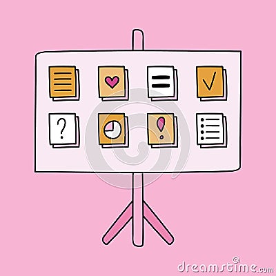 Cute hand drawn clipart of flipchart with lists, diagram, notes, plans on colorful stickers. Business element for presentations, Vector Illustration