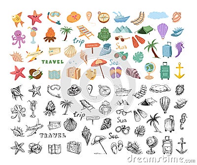 A cute hand-drawn colored and contour-black set of travel icons. Tourism and camping adventure icons. Ð¡lipart with travelling Vector Illustration