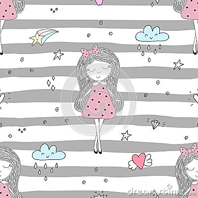 Cute hand drawn with cute little girl vector seamless pattern illustration Vector Illustration