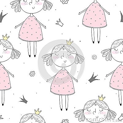 Cute hand drawn with cute little girl vector seamless pattern illustration Vector Illustration