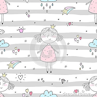 Cute hand drawn with cute little girl vector seamless pattern illustration Vector Illustration