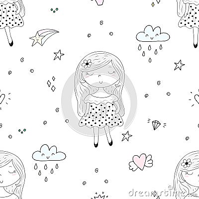 Cute hand drawn with cute little girl vector seamless pattern illustration Vector Illustration