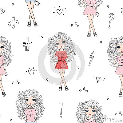 Cute hand drawn with cute little girl vector seamless pattern illustration Vector Illustration