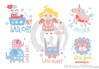 Cute hand drawn decor elements with text, sailor, angel, unicorn, little bunny, card templates for baby shower, kids Vector Illustration