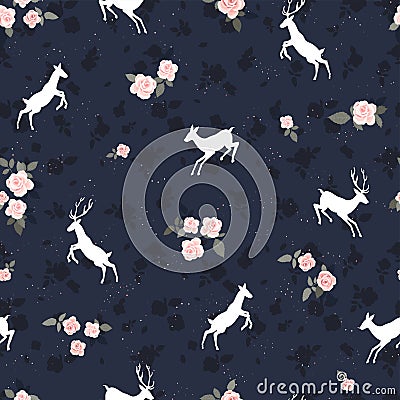 Cute hand drawn deer with flowers seamless pattern, alpine background, great for textiles, banners, Oktoberfest designs, wrapping Vector Illustration