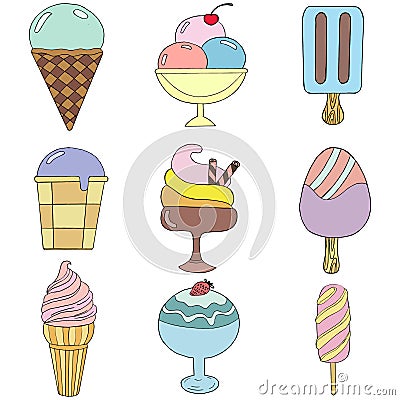 Cute hand drawn with different types of ice cream. Doodle texture with sweet desserts Vector Illustration