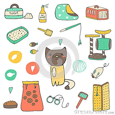 Cute hand drawn doodle cat stuff Vector Illustration