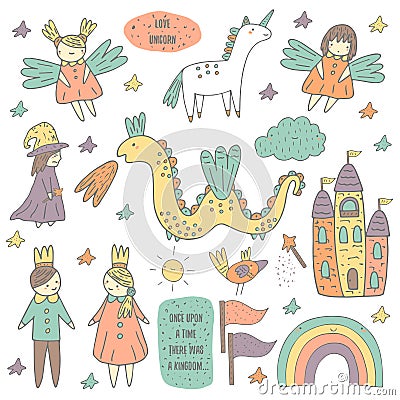 Cute hand drawn doodle fairy tale objects collection Vector Illustration