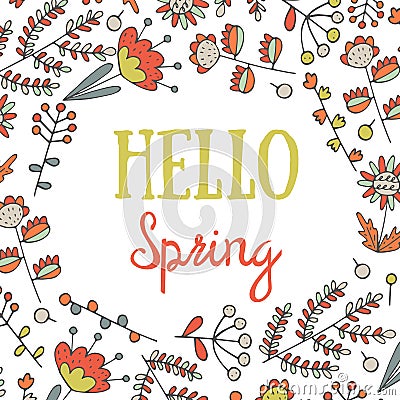 Cute hand drawn doodle hello spring postcard. Vector Illustration