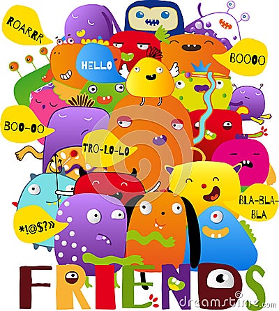 Cute hand drawn doodle monsters friends Vector Illustration