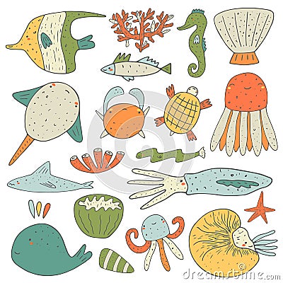 Cute hand drawn doodle sea animals collection Vector Illustration