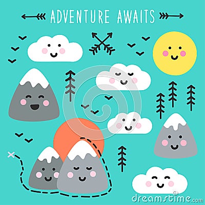 Cute hand drawn elements with Kawaii Mountains landscape Vector Illustration