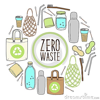 Cute hand drawn elements of no plastic, zero waste concept, eco lifestyle, go green theme Vector Illustration