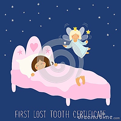 Cute hand drawn First Lost Tooth Certificate as sleeping kid and funny smiling cartoon character of tooth fairy Vector Illustration