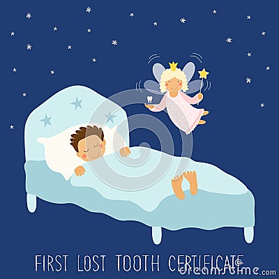 Cute hand drawn First Lost Tooth Certificate as sleeping kid and funny smiling cartoon character of tooth fairy Vector Illustration